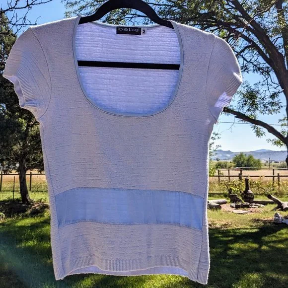 Vintage Y2K bebe Powder-Blue Cap Sleeve Peek-a-boo Sweater - Picture 9 of 13